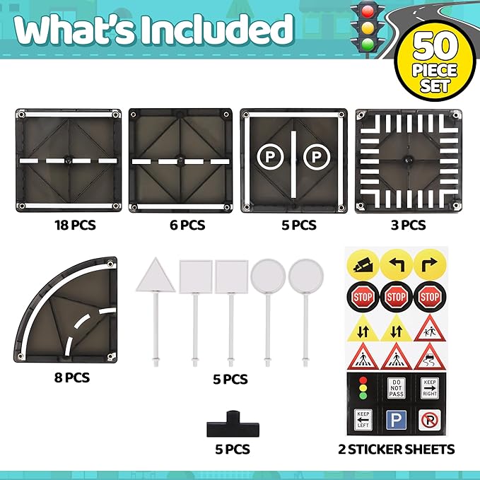 PLAYMAGS Magnetic Tiles Road Set 50 Piece Set
