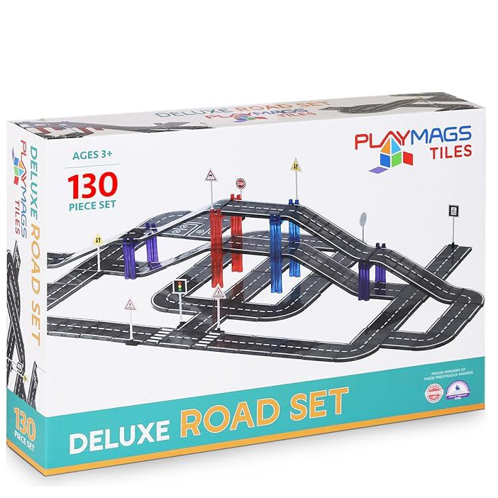 PLAYMAGS Magnetic Tiles Road Set 130 Piece Set
