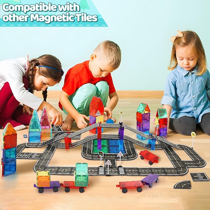 PLAYMAGS Magnetic Tiles Road Set 130 Piece Set