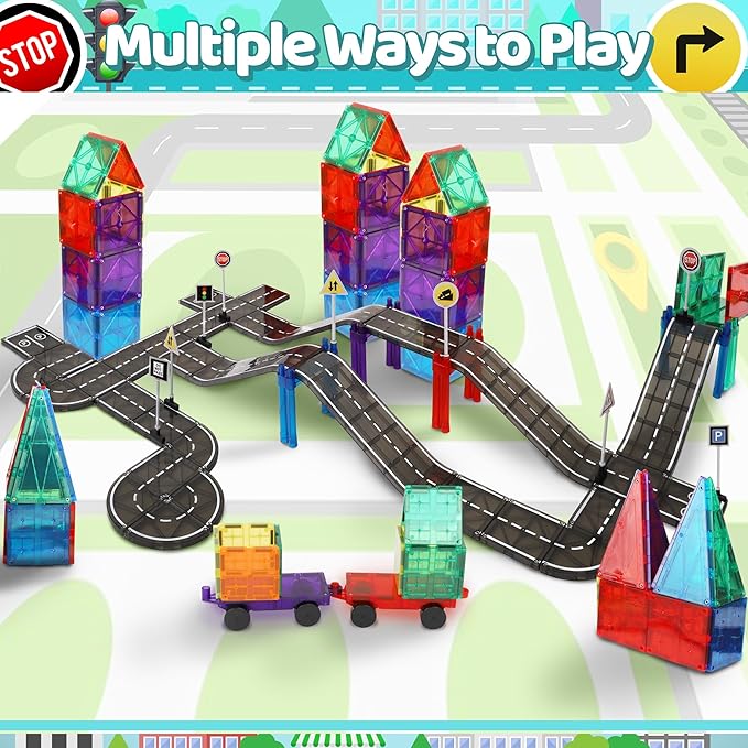 PLAYMAGS Magnetic Tiles Road Set 130 Piece Set